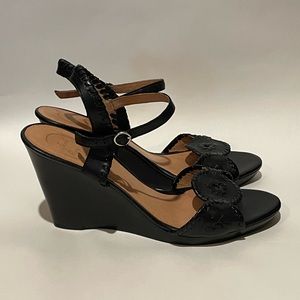 Jack Rogers Black Leather Wedge Sandals with Signature Medallions